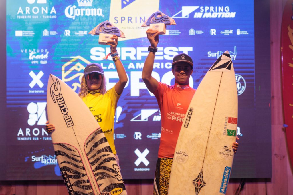 Arona corona a Carla Morera y Francisco Anglani como campeones de Europa sub14 en el Spring Surfest Las Américas Pro